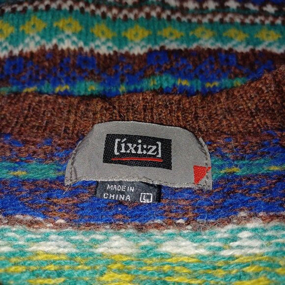 Wool Fair Isle Nordic Crew Neck Sweater Womens L Brown Blue Green Cozy Preppy - Picture 2 of 5